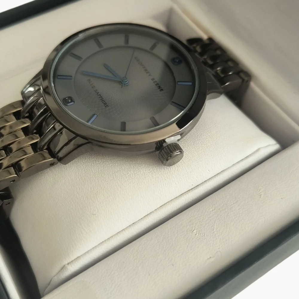 Geoffrey Beene Gunmetal Gray Stainless Steel Blue Sapphire Collection Watch